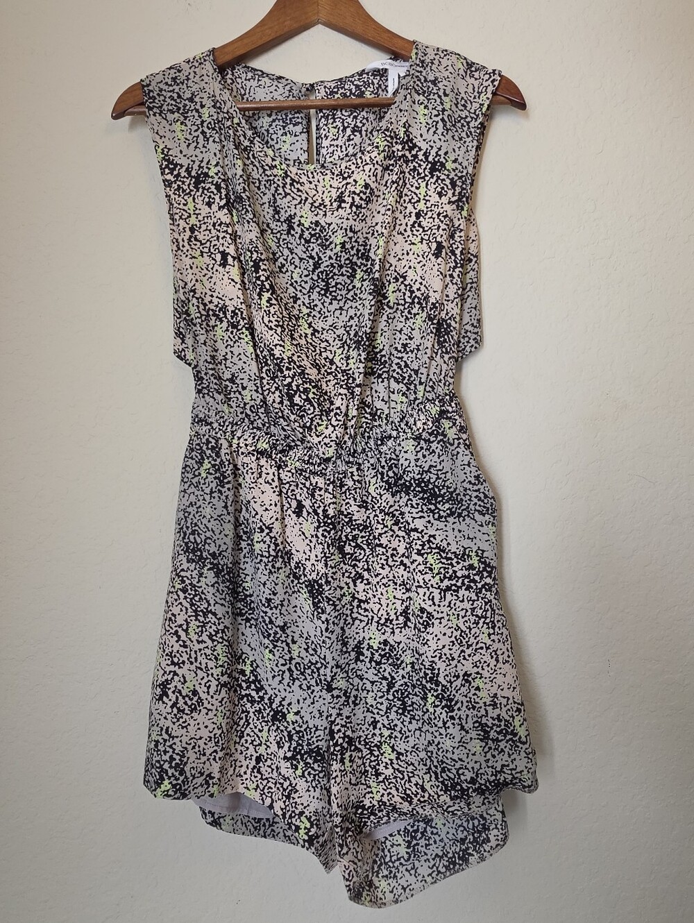 BCBGeneration Romper Womens Small Beige Black Neon Yellow Abstract Festival Wear